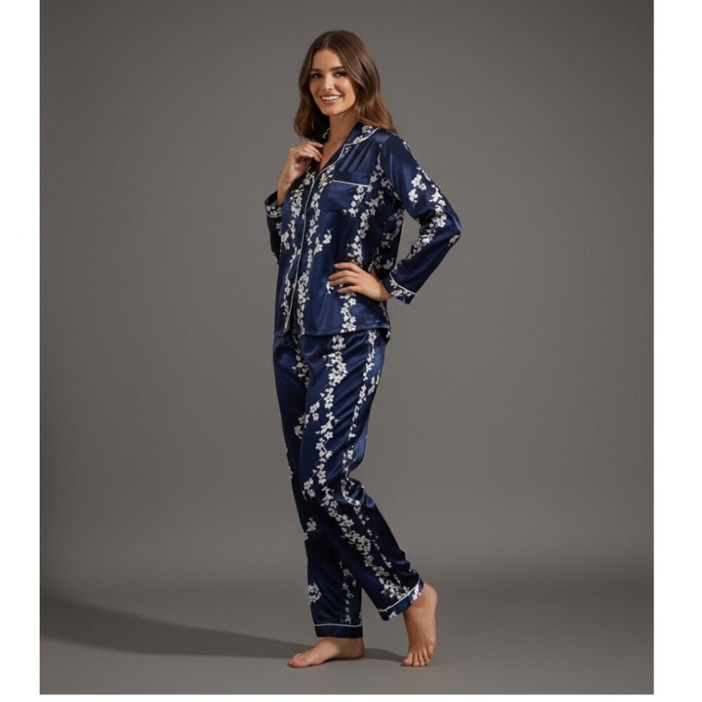 Floral Print Satin Top & Pants PJ Set / Pyjama Set Blue